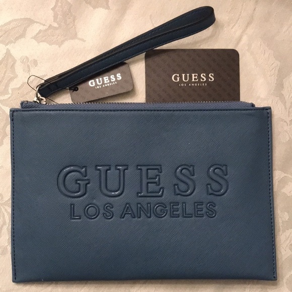 Brand New Guess Los Angeles Rodney SLG Zippered Denim Blue Wristlet - Picture 1 of 13
